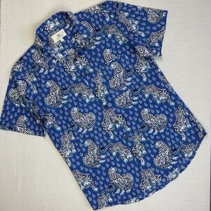 Printfresh The Leo Shirt Tiger Queen Button Shirt Short Sleeve Men Large Blue